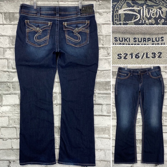 Silver Suki Surplus Sz 16 x 32 Flap Pocket Dark Wash Bootcut Jeans